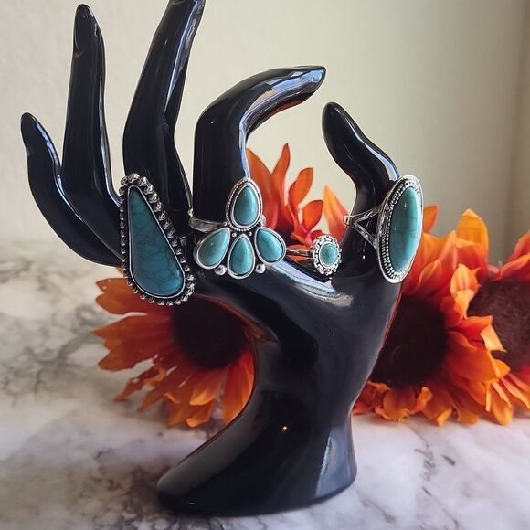 Simple and Elegant Blue Turquoise Water Teardrop Ring Set varied size - Picture 7 of 12